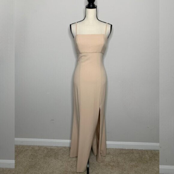Amsale Nude Beige Spaghetti Strap Maxi Evening Gown - Picture 2 of 14